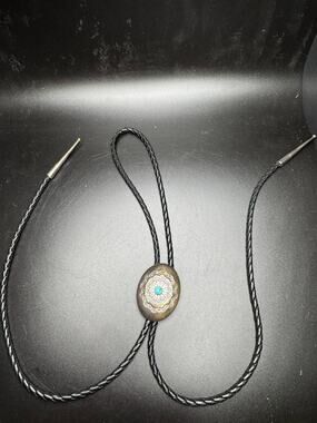 AP 925 Sterling Silver Turquoise Bolo Tie Western Southwestern Leather Cord